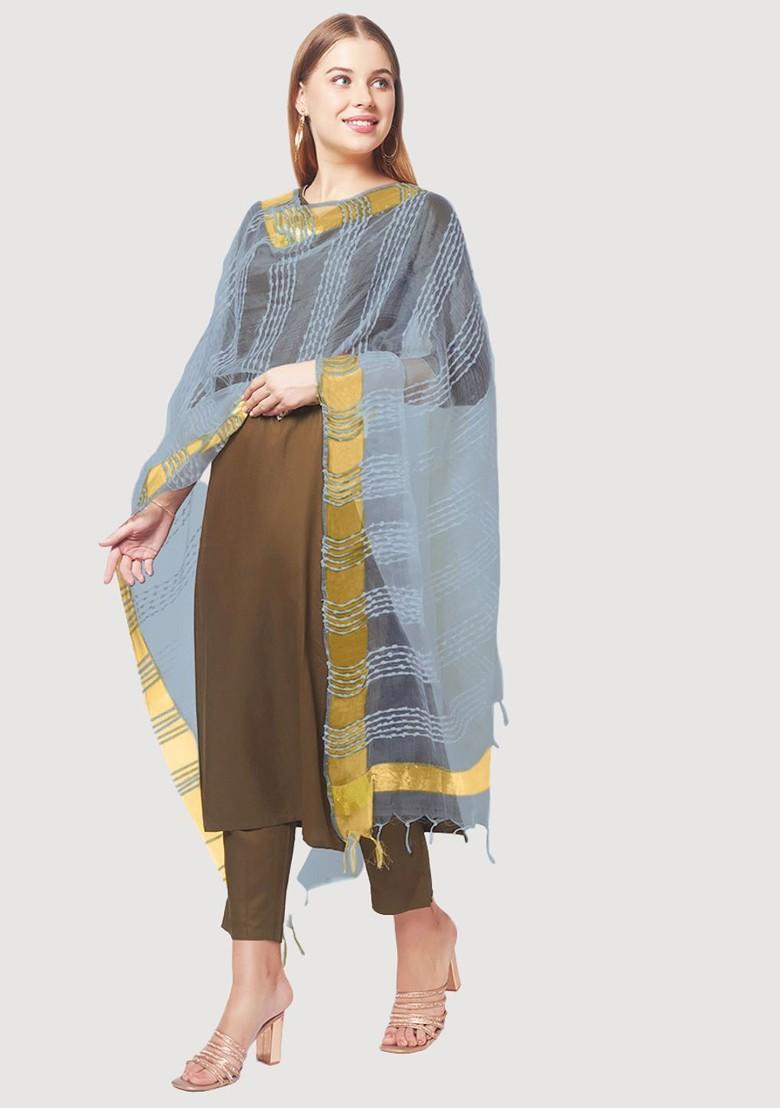 Women Grey And Gold Toned Woven Design Organza Dupatta