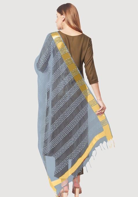 Women Grey And Gold Toned Woven Design Organza Dupatta