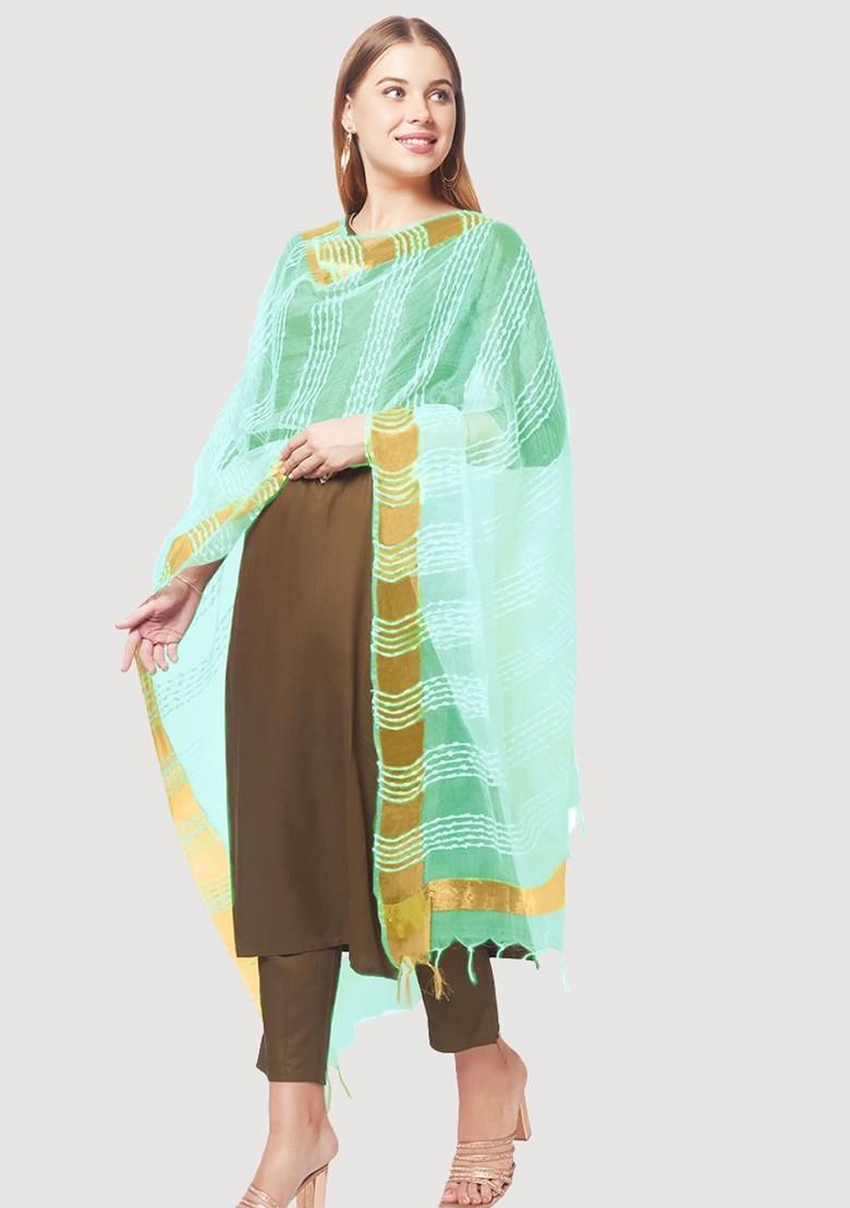 Women Sea Green And Gold Toned Woven Design Organza Dupatta