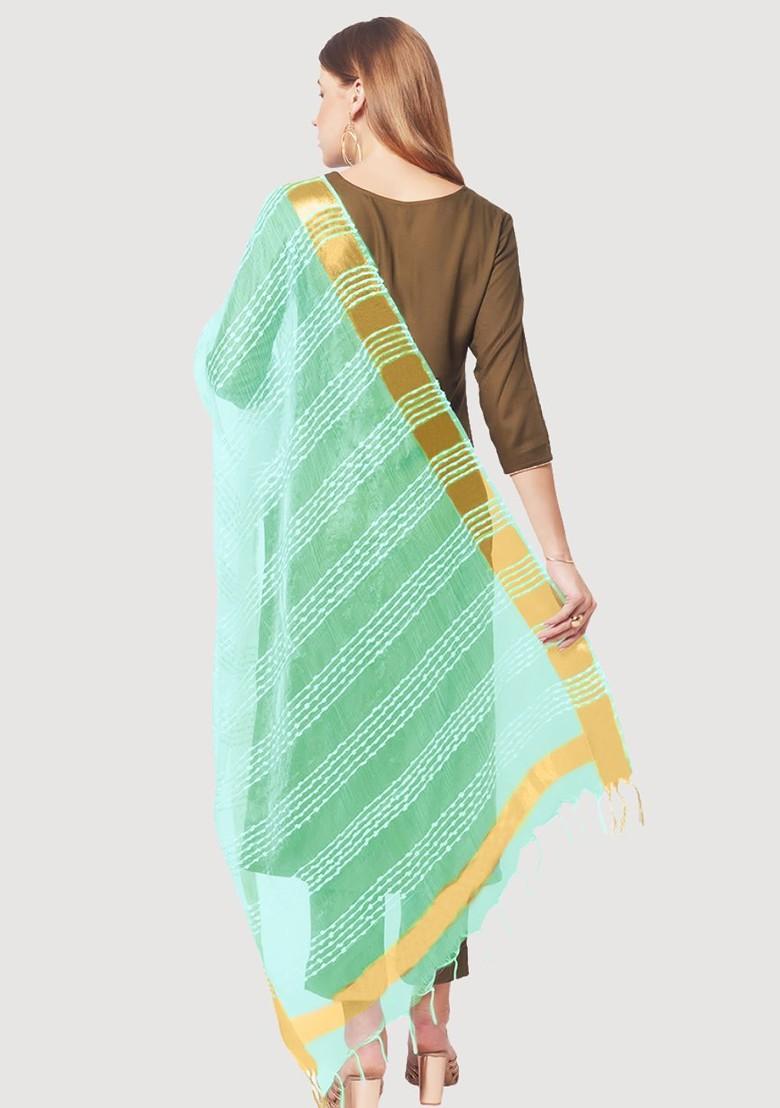 Women Sea Green And Gold Toned Woven Design Organza Dupatta