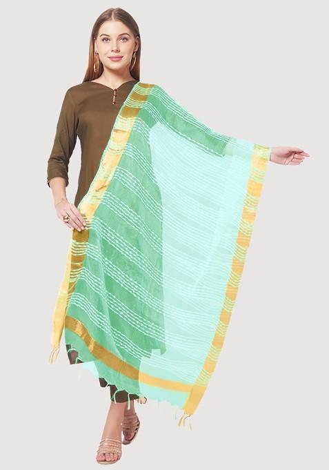 Women Sea Green And Gold Toned Woven Design Organza Dupatta