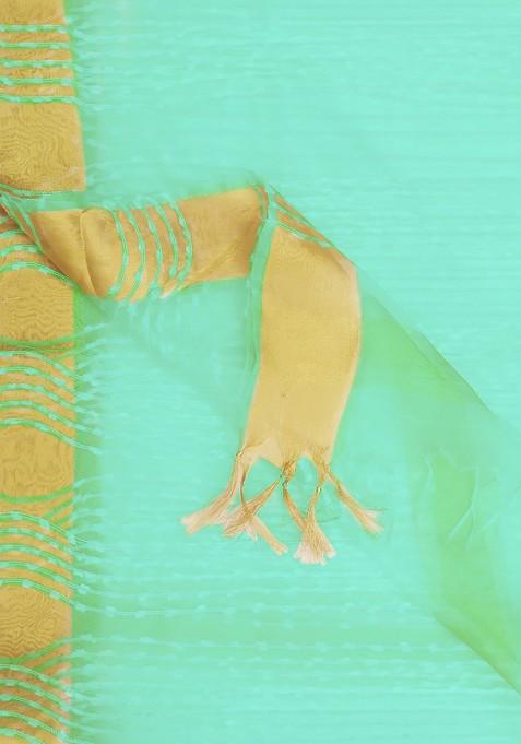 Women Sea Green And Gold Toned Woven Design Organza Dupatta