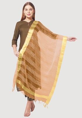 Beige And Gold Toned Woven Design Organza Dupatta