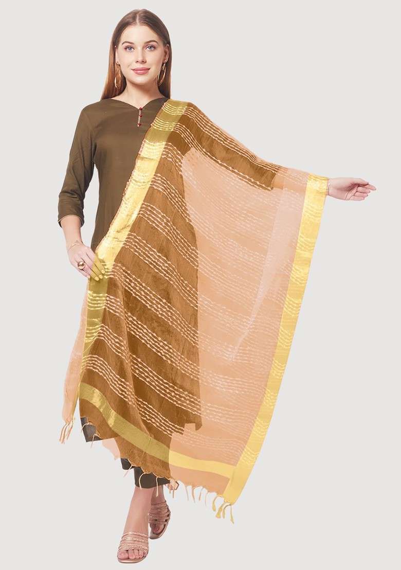 Beige And Gold Toned Woven Design Organza Dupatta - Indya