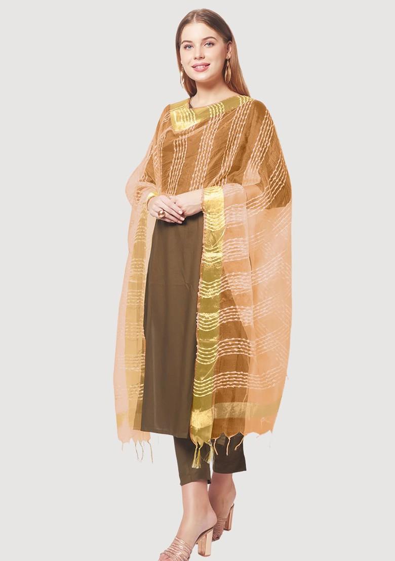 Beige And Gold Toned Woven Design Organza Dupatta