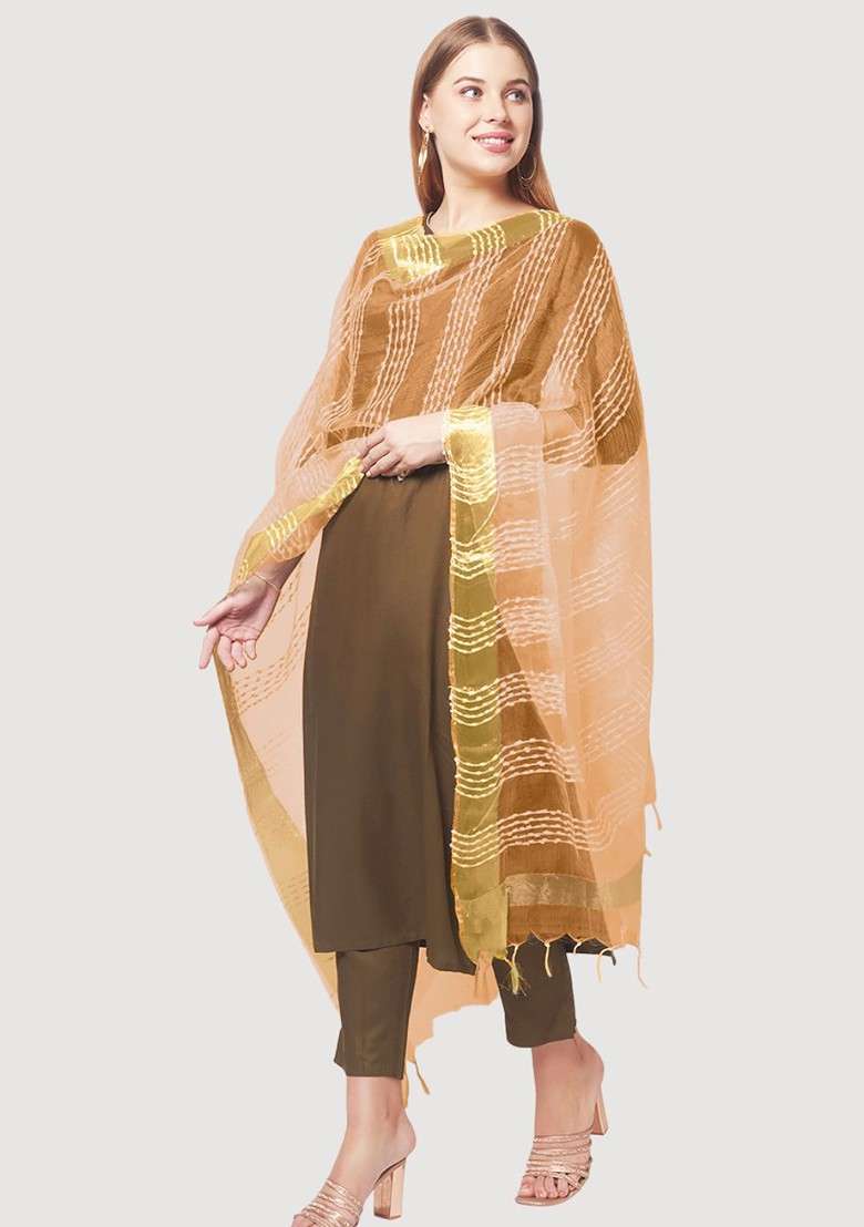 Beige And Gold Toned Woven Design Organza Dupatta - Indya