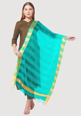 Teal And Gold Toned Woven Design Organza Dupatta