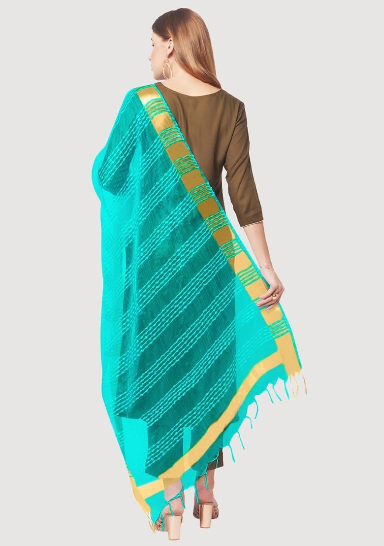 Teal And Gold Toned Woven Design Organza Dupatta