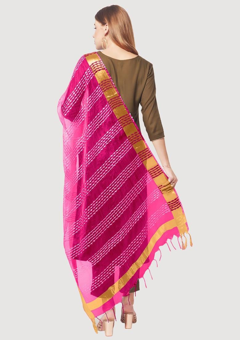 Fuchsia And Gold Toned Woven Design Organza Dupatta