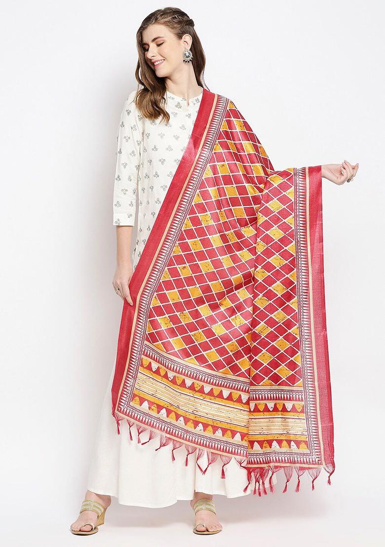 Red And Yellow Ethnic Motifs Printed Art Silk Dupatta
