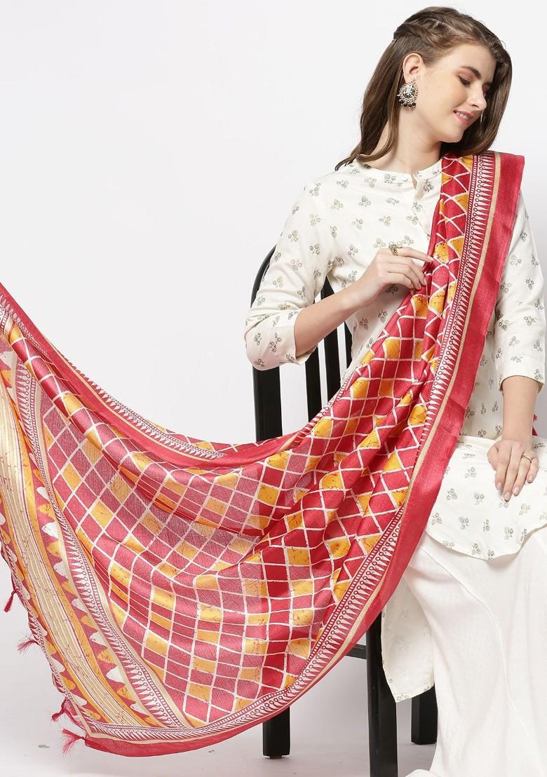 Red And Yellow Ethnic Motifs Printed Art Silk Dupatta