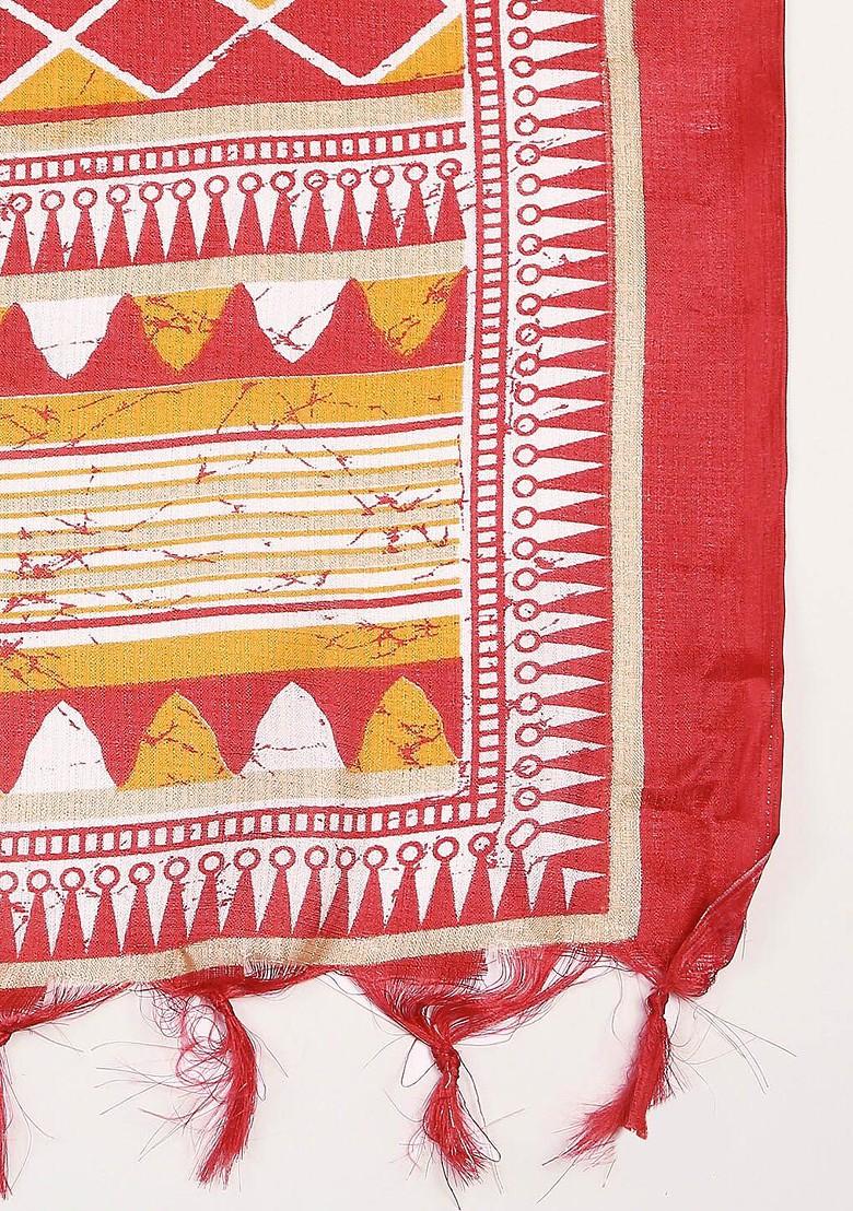 Red And Yellow Ethnic Motifs Printed Art Silk Dupatta