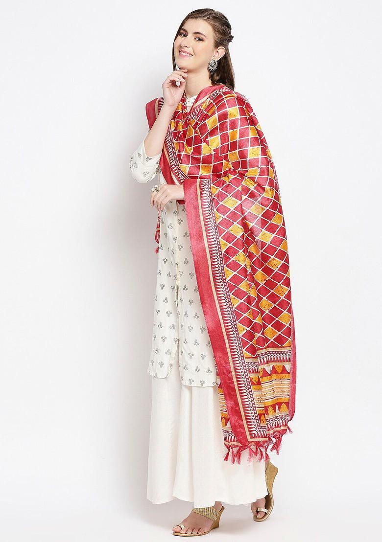 Red And Yellow Ethnic Motifs Printed Art Silk Dupatta