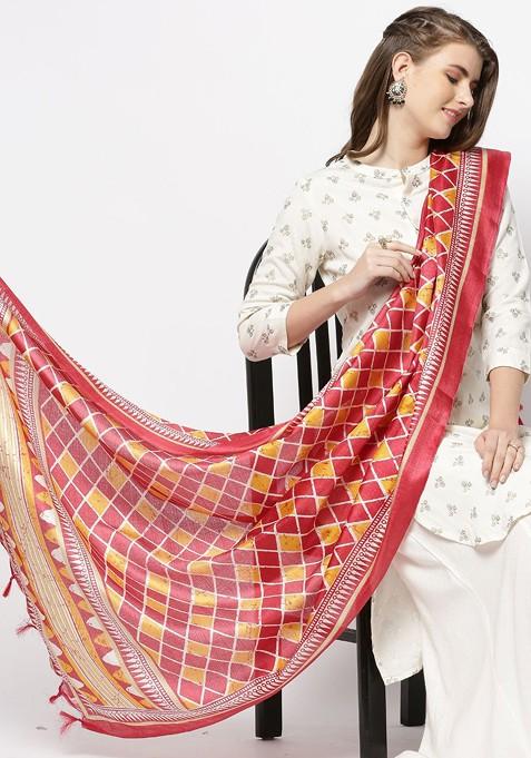 Red And Yellow Ethnic Motifs Printed Art Silk Dupatta