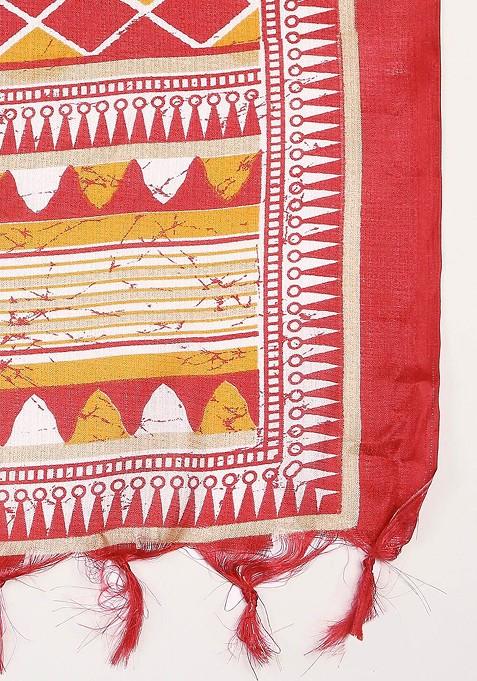 Red And Yellow Ethnic Motifs Printed Art Silk Dupatta