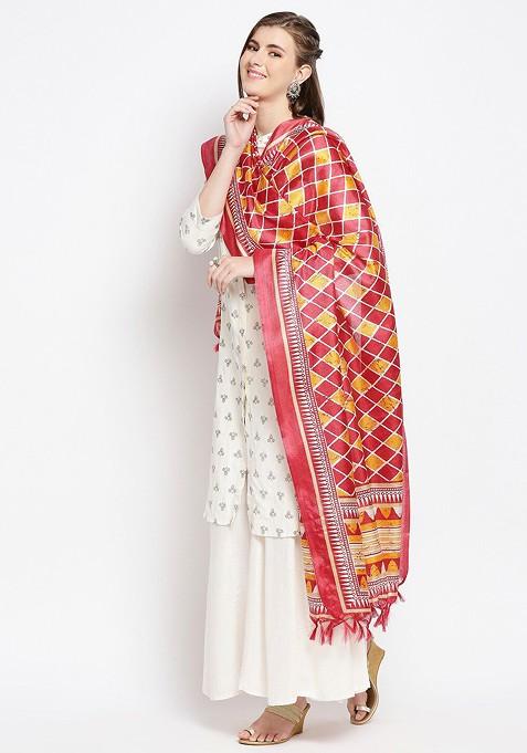 Red And Yellow Ethnic Motifs Printed Art Silk Dupatta