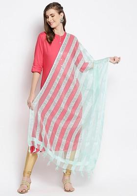 Sea Green And Silver Toned Striped Organza Dupatta