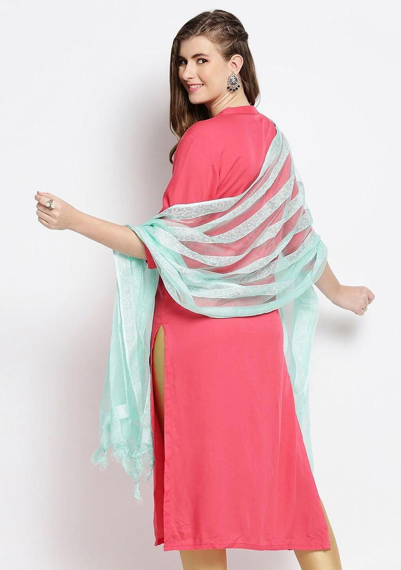 Sea Green And Silver Toned Striped Organza Dupatta