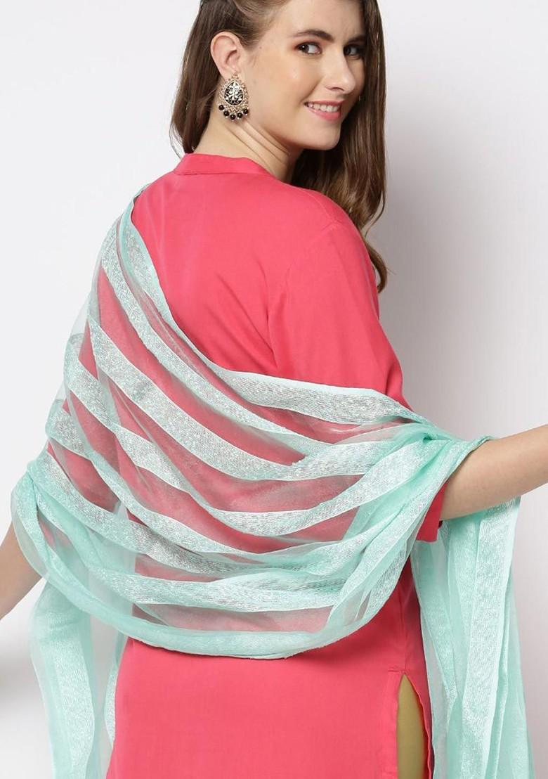 Sea Green And Silver Toned Striped Organza Dupatta