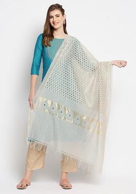 Grey And Gold Toned Woven Design Dupatta