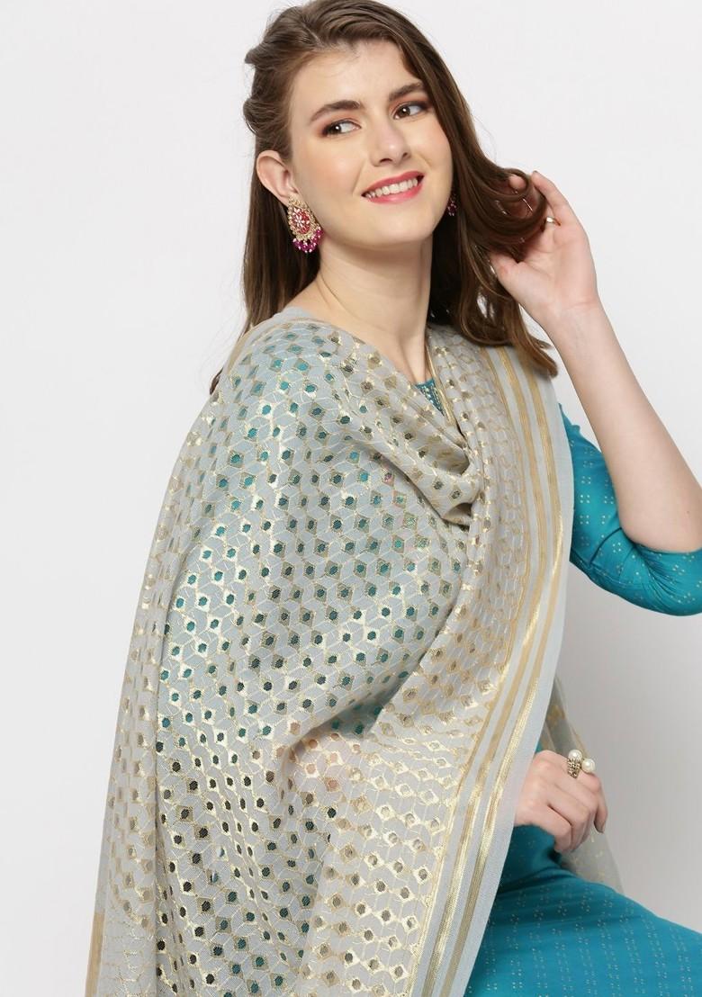 Grey And Gold Toned Woven Design Dupatta