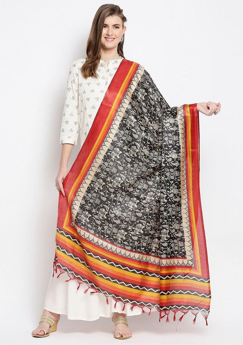 Women Black And Yellow Ethnic Motifs Printed Art Silk Dupatta