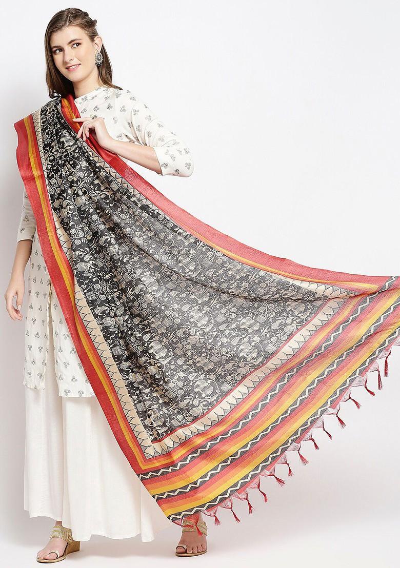 Women Black And Yellow Ethnic Motifs Printed Art Silk Dupatta