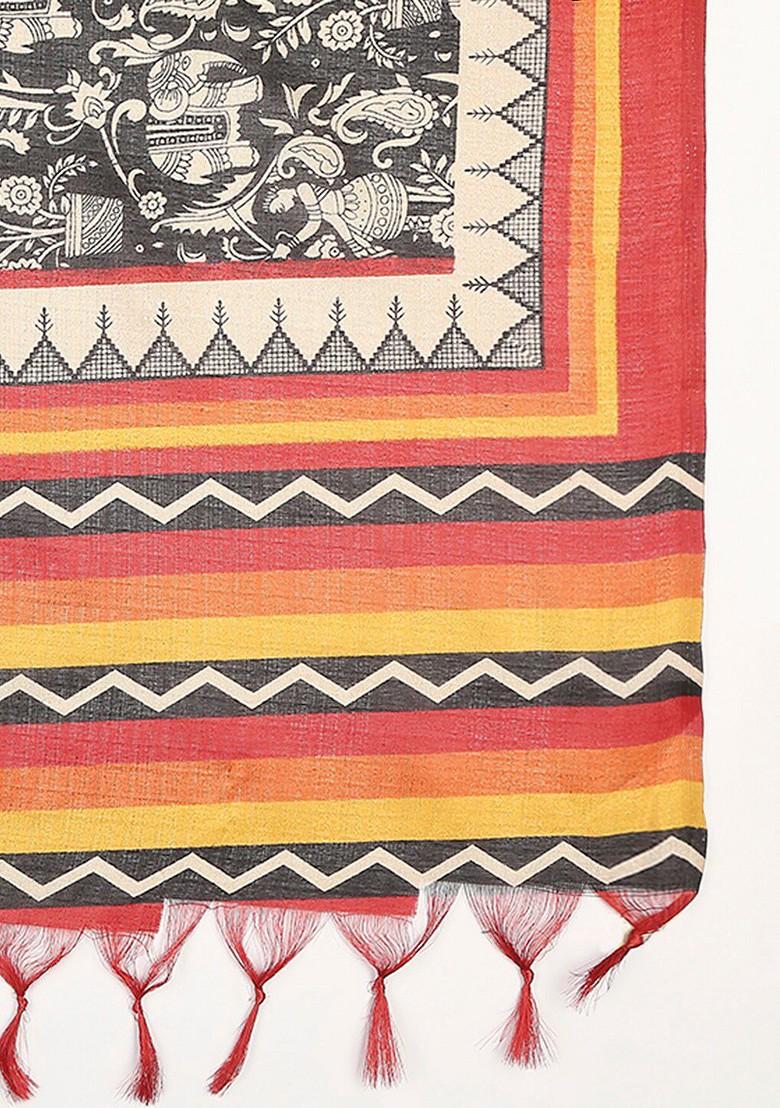 Women Black And Yellow Ethnic Motifs Printed Art Silk Dupatta