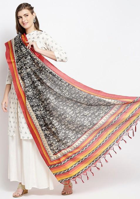 Women Black And Yellow Ethnic Motifs Printed Art Silk Dupatta