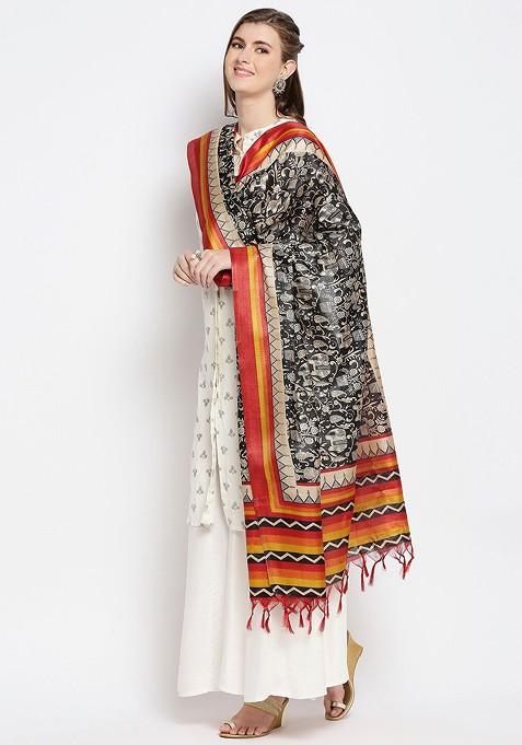 Women Black And Yellow Ethnic Motifs Printed Art Silk Dupatta