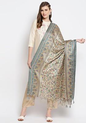 Beige And Blue Ethnic Motifs Printed Art Silk Dupatta