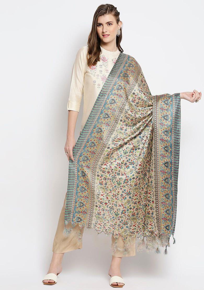 Beige And Blue Ethnic Motifs Printed Art Silk Dupatta