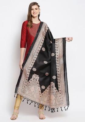 Black And Beige Ethnic Motifs Printed Art Silk Dupatta
