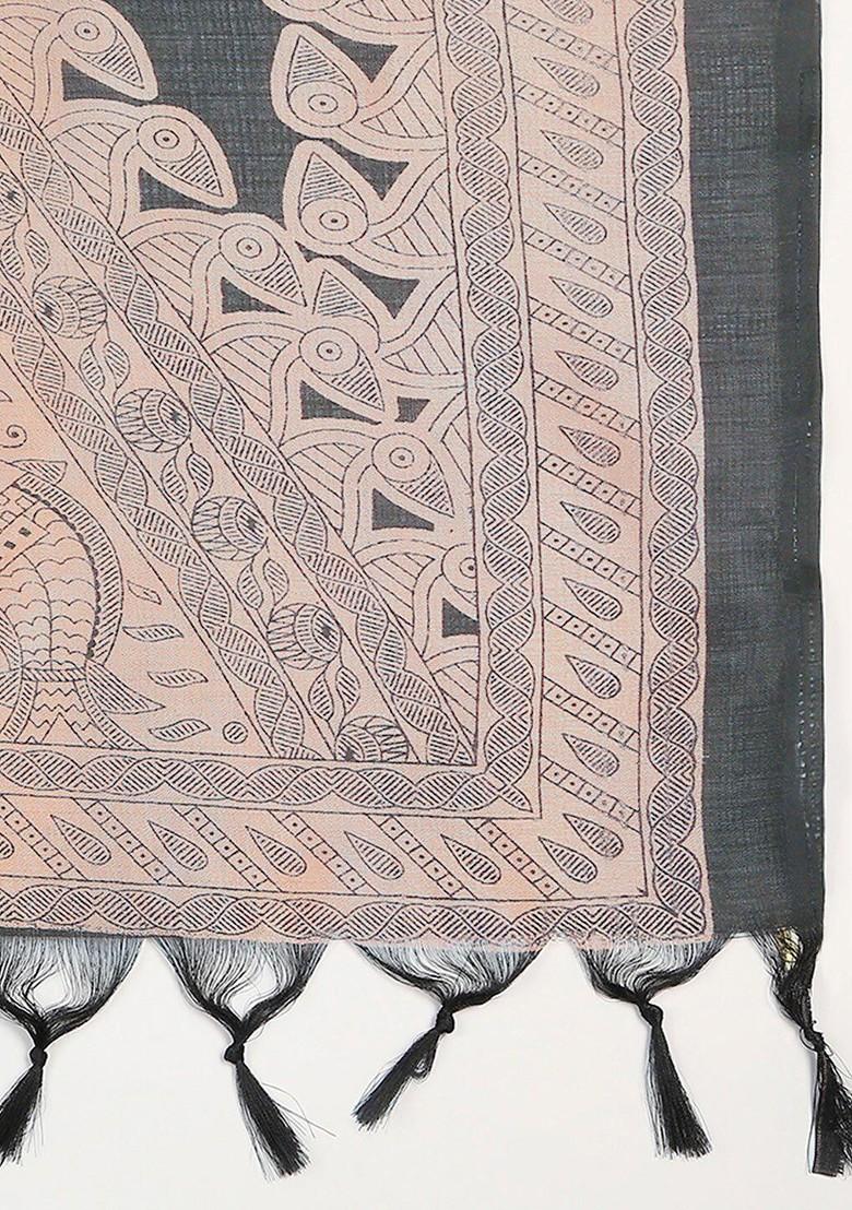 Black And Beige Ethnic Motifs Printed Art Silk Dupatta