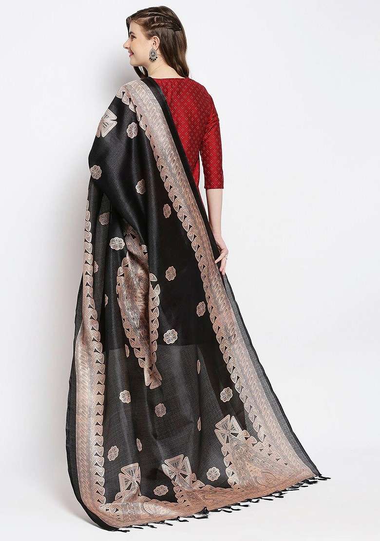 Black And Beige Ethnic Motifs Printed Art Silk Dupatta - Indya
