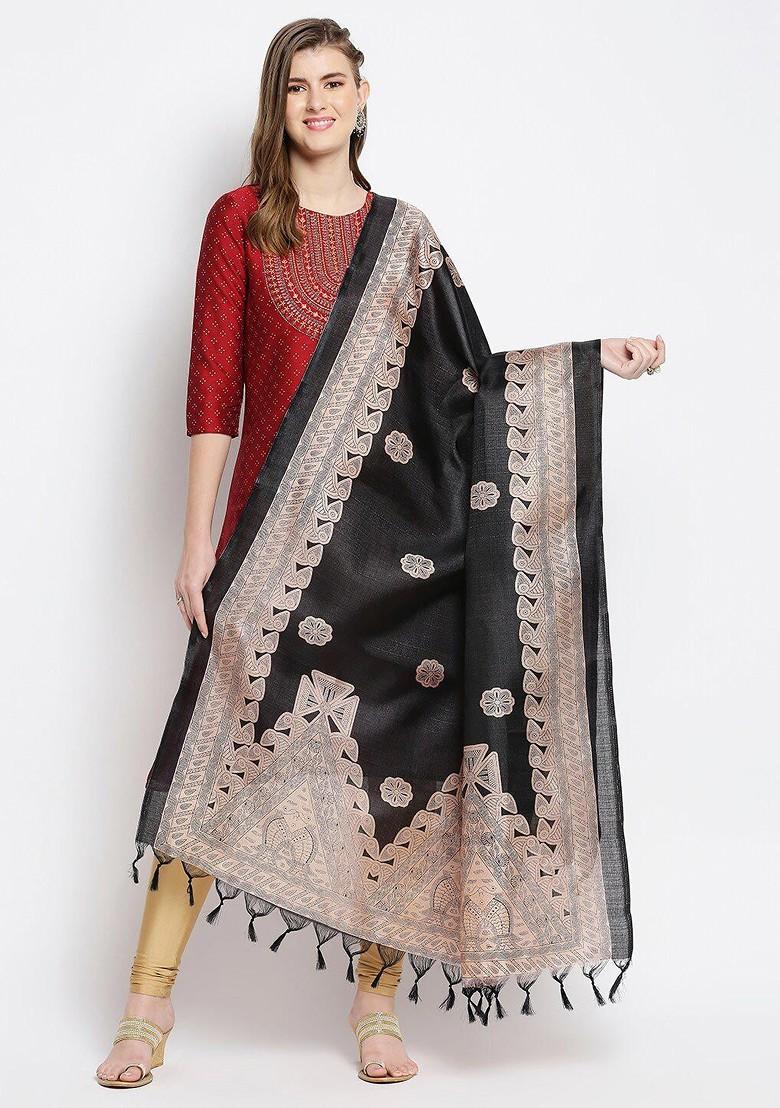 Black And Beige Ethnic Motifs Printed Art Silk Dupatta