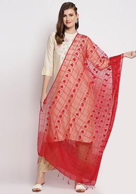 Red Woven Design Organza Dupatta