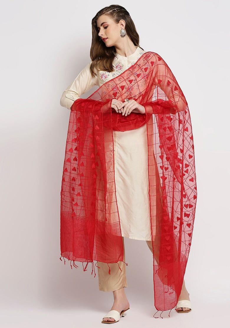 Red Woven Design Organza Dupatta