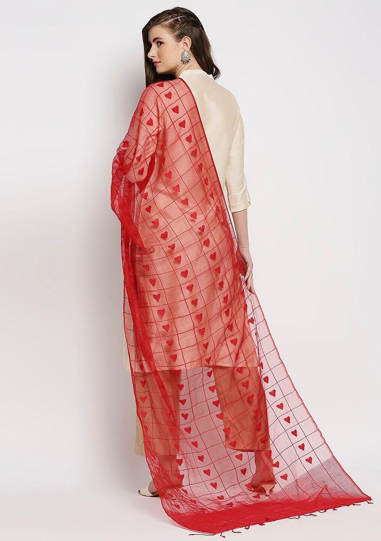Red Woven Design Organza Dupatta