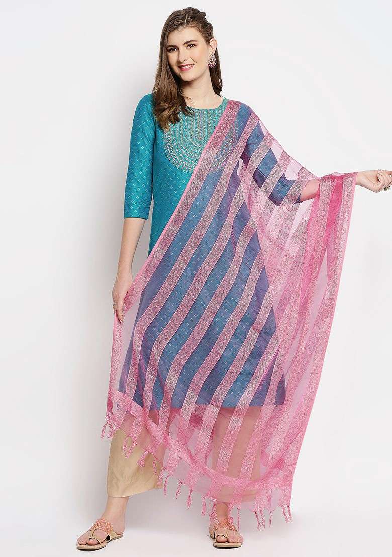 Pink Striped Organza Dupatta - Indya