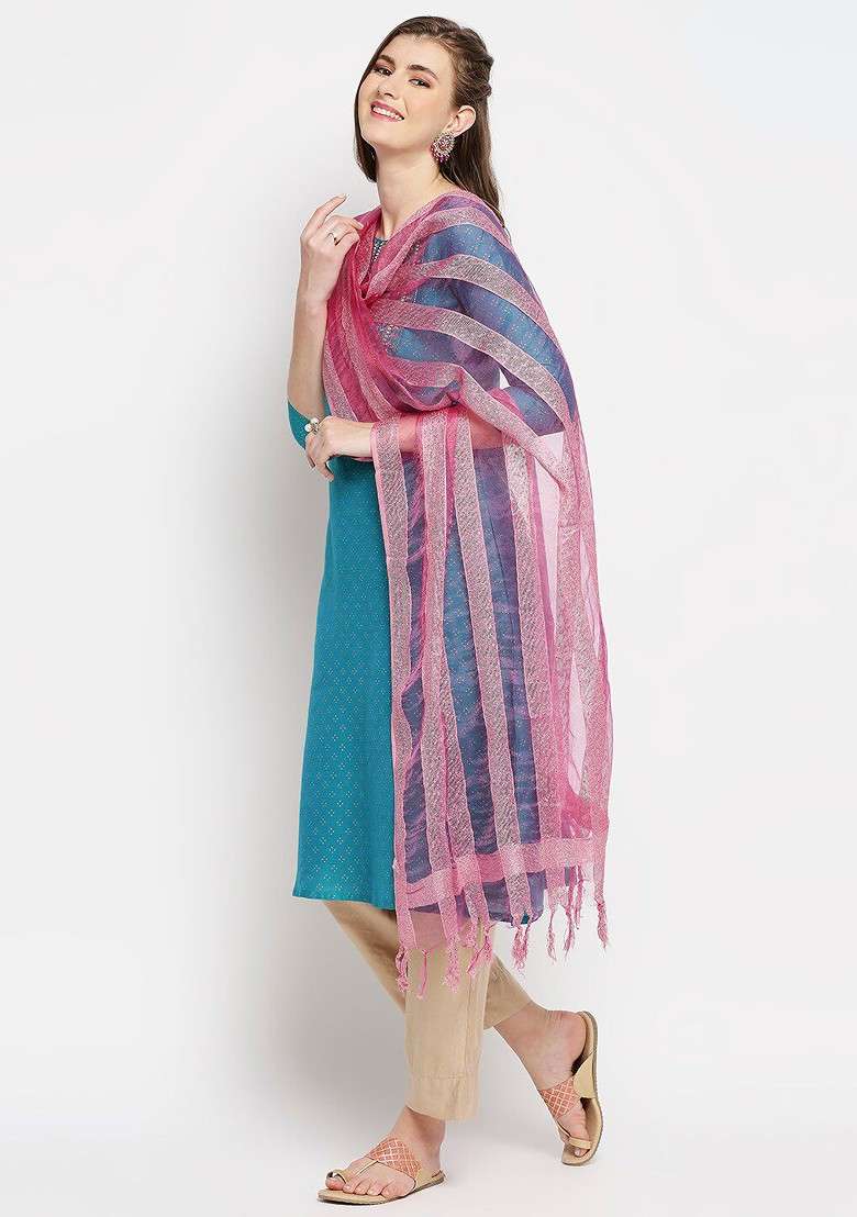 Pink Striped Organza Dupatta - Indya