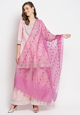 Purple Checkered Woven Design Organza Dupatta