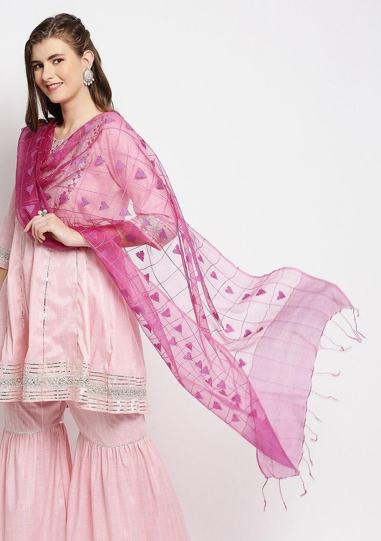 Purple Checkered Woven Design Organza Dupatta