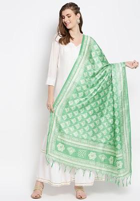 Green And White Ethnic Motifs Printed Art Silk Dupatta