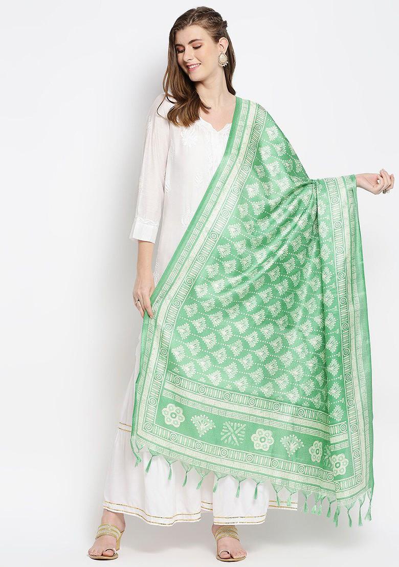 Green And White Ethnic Motifs Printed Art Silk Dupatta