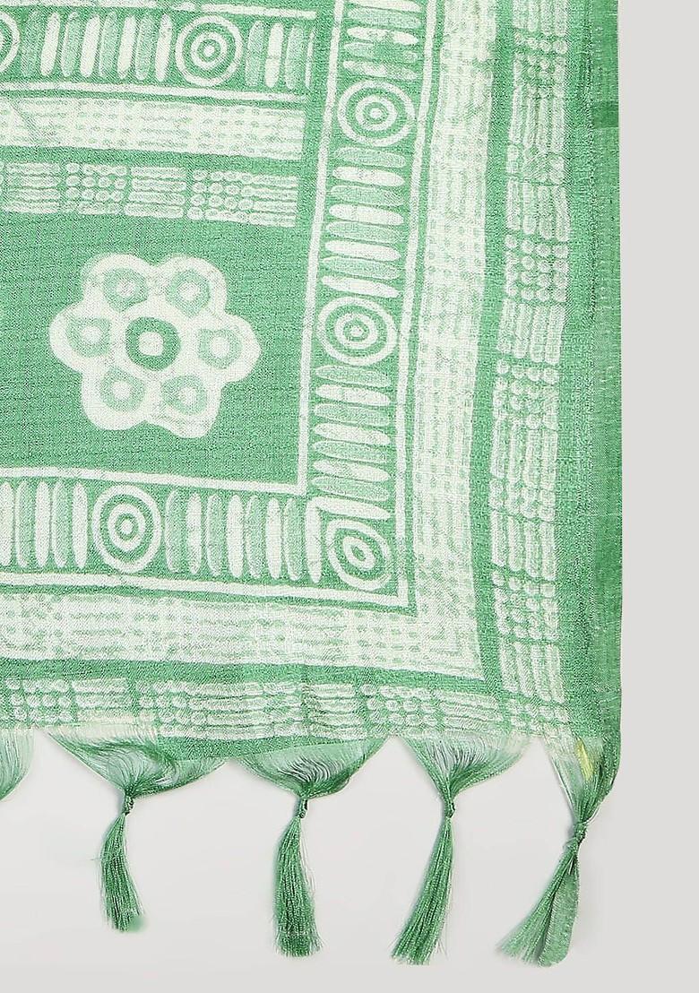 Green And White Ethnic Motifs Printed Art Silk Dupatta