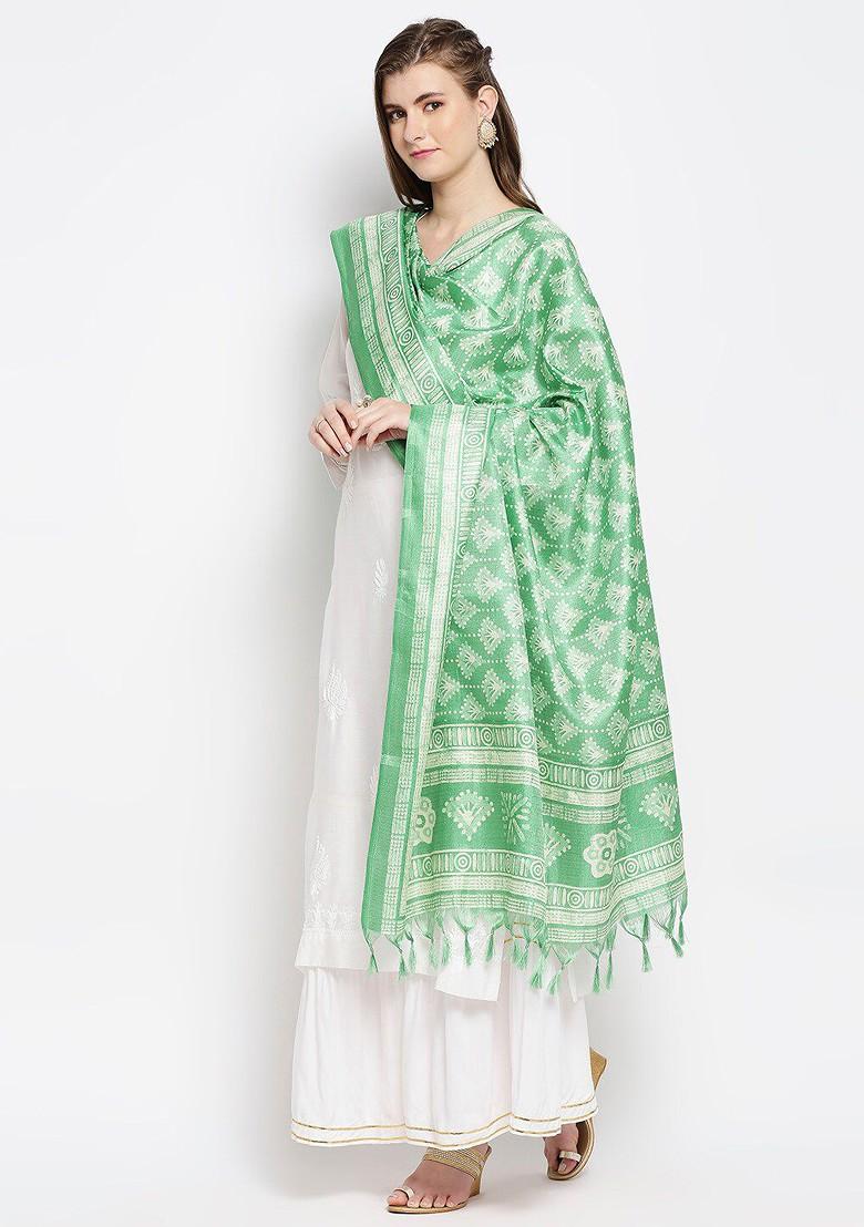 Green And White Ethnic Motifs Printed Art Silk Dupatta