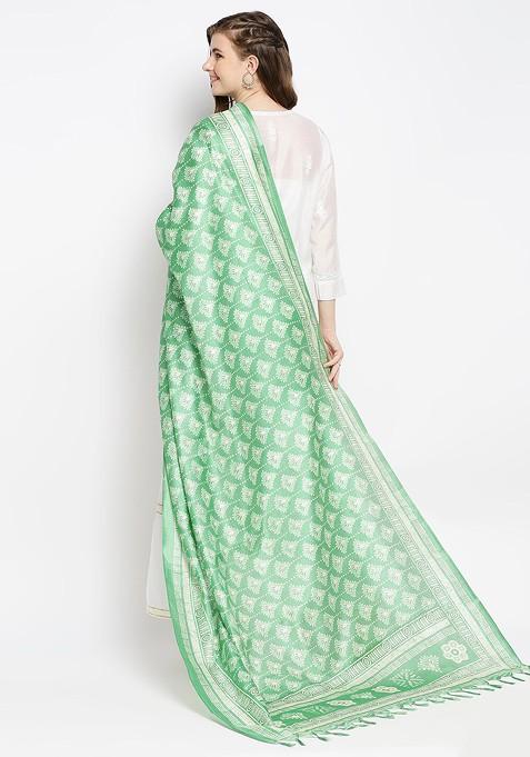 Green And White Ethnic Motifs Printed Art Silk Dupatta