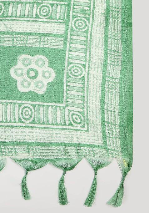 Green And White Ethnic Motifs Printed Art Silk Dupatta