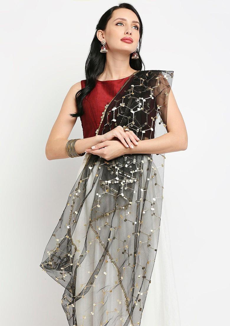 Black Ethnic Motifs Embroidered Dupatta With Gotta Patti